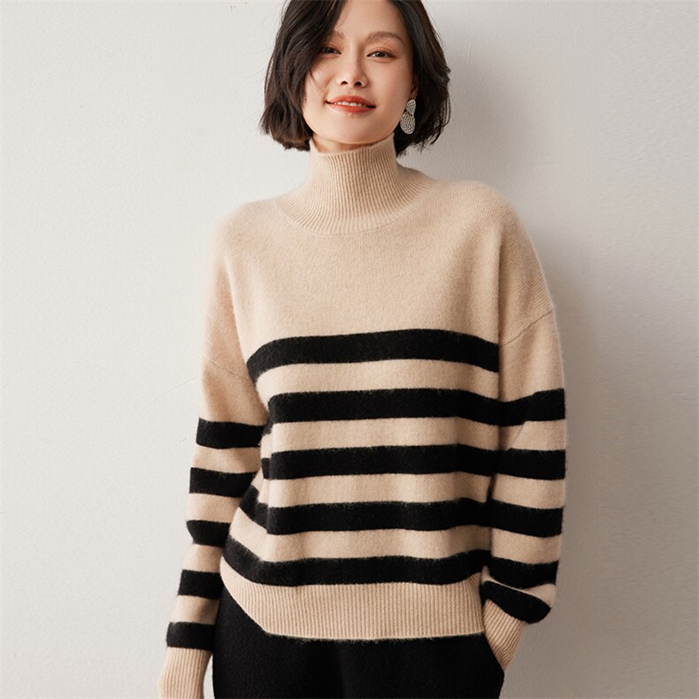 高领加厚条纹山羊绒衫女秋冬套头宽松慵懒高端软糯针织打底毛衣，女装羊绒衫，蒂暖羊绒