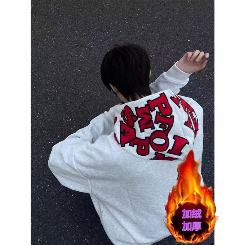刺绣字母美式高街连帽卫衣女加绒加厚秋冬新款宽松潮牌学院风外套图片