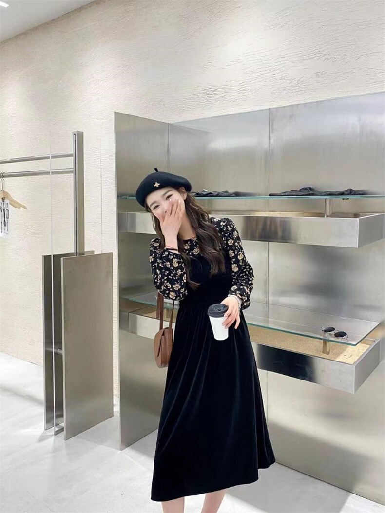 印花磨毛拼接丝绒裙，其它，Balance Studio