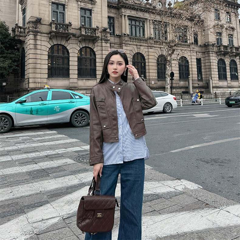 短款机车pu皮外套女2024秋季新款欧美时尚拉链口袋显瘦皮夹克女潮，女装皮衣，江南女神