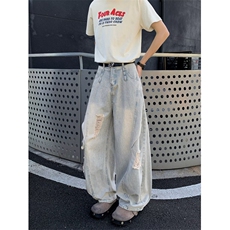 现货!港风新款2025潮流百搭直筒宽松大码牛仔裤松紧腰NZ6164-P45，男装牛仔裤，星座1103-2