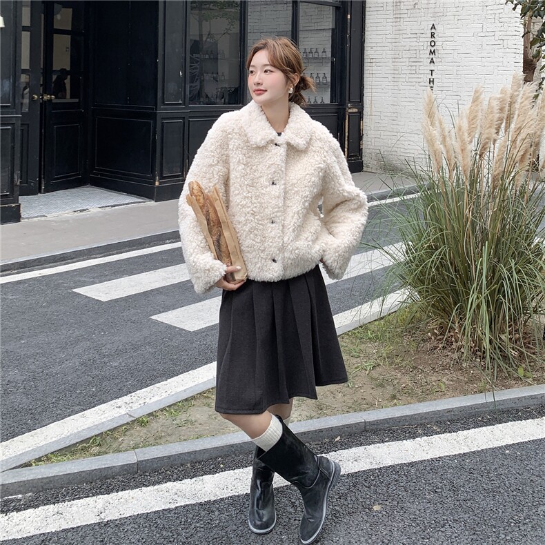 韩版宽松显瘦百搭加厚保暖羊羔毛外套女秋冬新款翻领皮毛一体大衣,女装棉衣/棉服,维壹