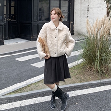 韩版宽松显瘦百搭加厚保暖羊羔毛外套女秋冬新款翻领皮毛一体大衣，女装棉衣/棉服，维壹