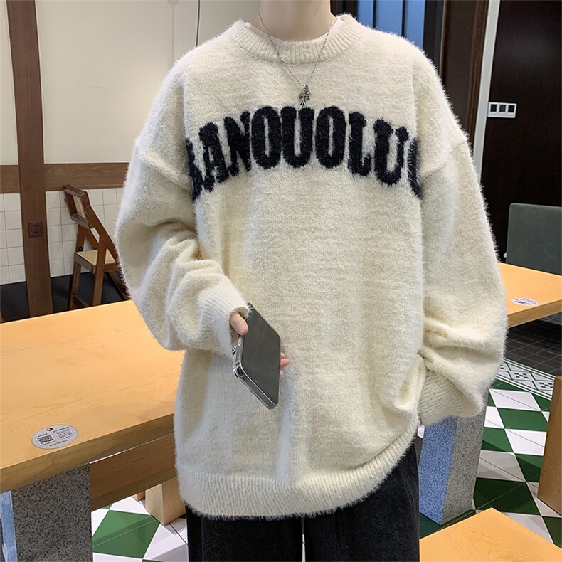 慵懒风休闲圆领针织衫秋冬美式复古字母提花情侣毛衣M1681-P53，男装针织衫/毛衣，星座512-4