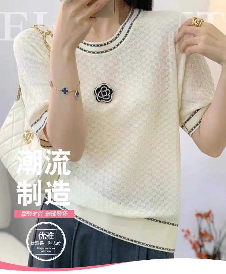 莱赛尔山茶花短袖T恤,针织衫/毛衣,天佑贝依