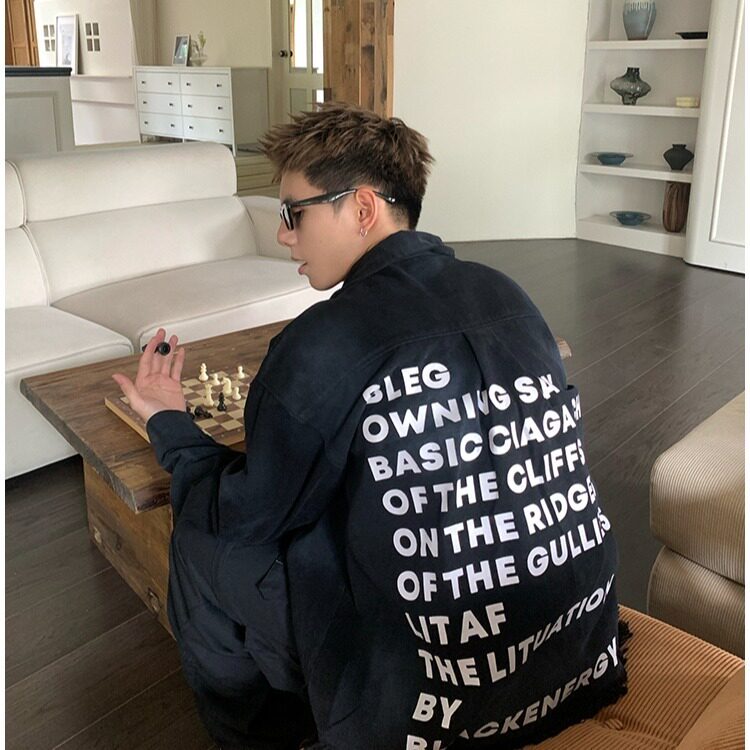 美式潮牌oversize休闲后背字母牛仔外套男女款流苏毛边情侣装夹克,男装工装外套,四季星座505