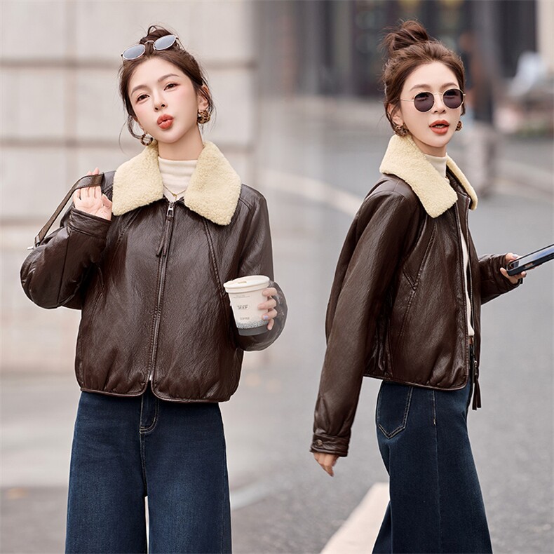 羊羔毛翻领PU皮衣白鸭绒羽绒服皮衣外套，女装羽绒服，采品优优