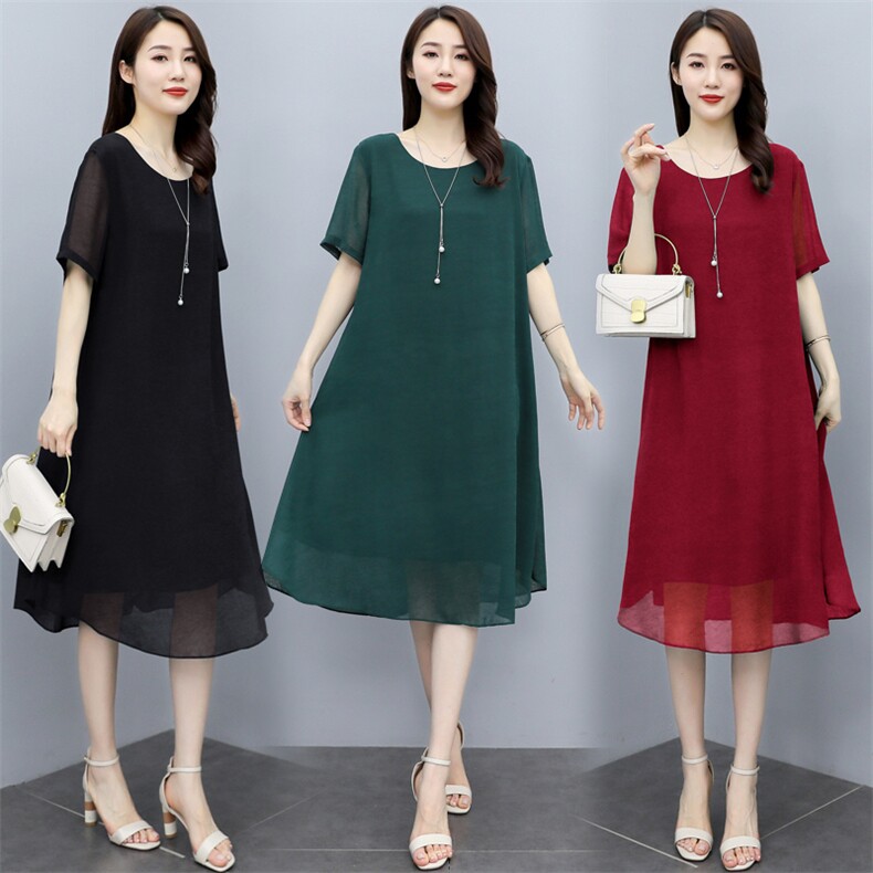 （现货）时尚显瘦大码女装夏季新款圆领宽松纯色短袖中长款连衣裙，女装大码女装，深妍伊美