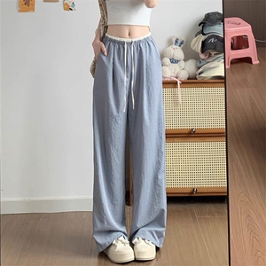 夏季白色撞色新款冰丝阔腿裤女薄款肌理感直筒休闲慵懒风裤 KW73图片