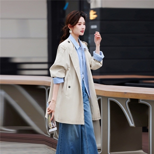 条纹拼接中长宽风衣女假两件女春季新款设计感减龄夹克上衣图片