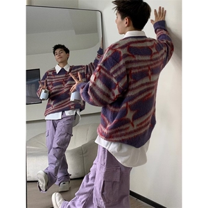 美式情侣宽松慵懒风软糯针织衫秋季潮牌复古条纹毛衣男鹿毛绒毛衣图片