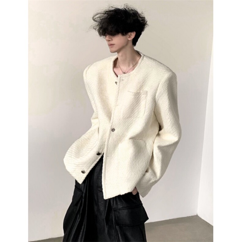 春秋季小众白色毛呢小香风外套男无领垫肩夹克痞帅气JM12,男装夹克,星座1116A（原606A-3）