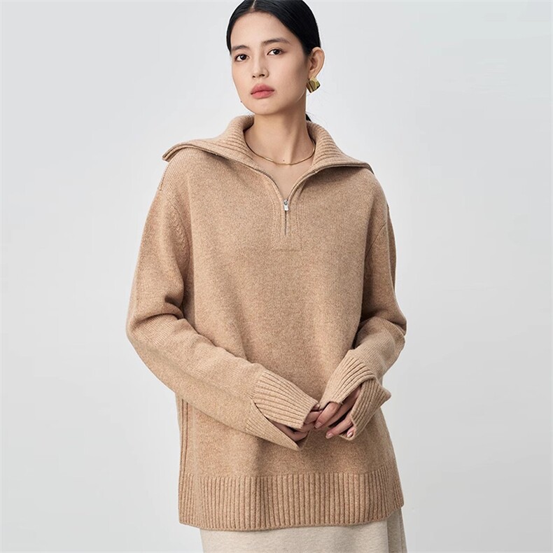 秋冬女士时尚宽松翻领羊毛拉链款针织衫，女装羊毛衫，挚尚羊绒