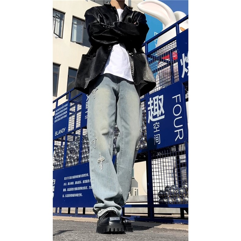 星星黄泥色牛仔裤男款春秋季美式高街vibe潮牌痞帅微喇高个子裤子,男装牛仔裤,电商A061