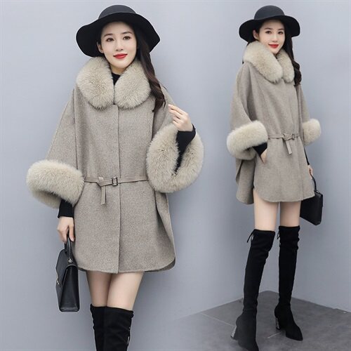 芷墨冬装新款时尚百搭毛呢外套斗篷外套可脱卸毛，女装毛呢外套，芷墨服饰