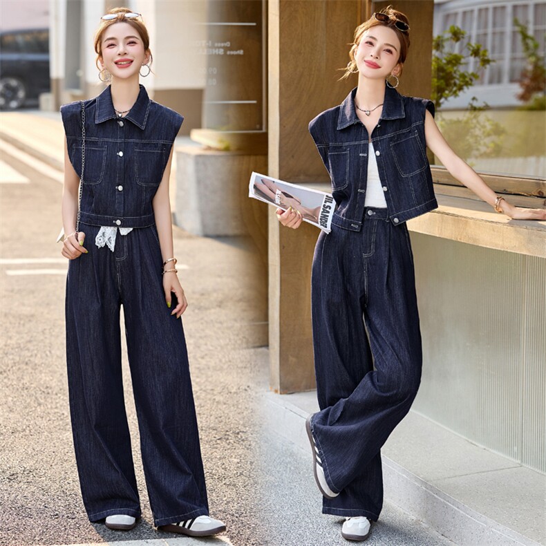 天丝牛仔套装女2025夏季新款薄款蕾丝拼接短袖上衣阔腿长裤两件套,女装套装/套裙,瑶迪依秀