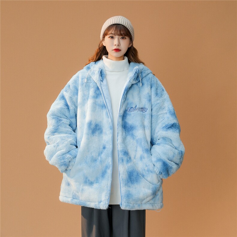 216-BK100-P128女类2021中性男女扎染连帽仿皮草外套控148,女装棉衣/棉服,星座716-5（原216-1）