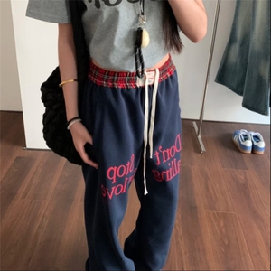 美式复古格子拼接运动街舞卫裤女宽松直筒阔腿休闲高街裤子图片