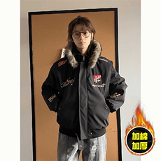 现货高品质美式高街重磅刺绣座山雕大毛毛领棉衣男女加厚棉服外套，男装棉衣，电商A486-1