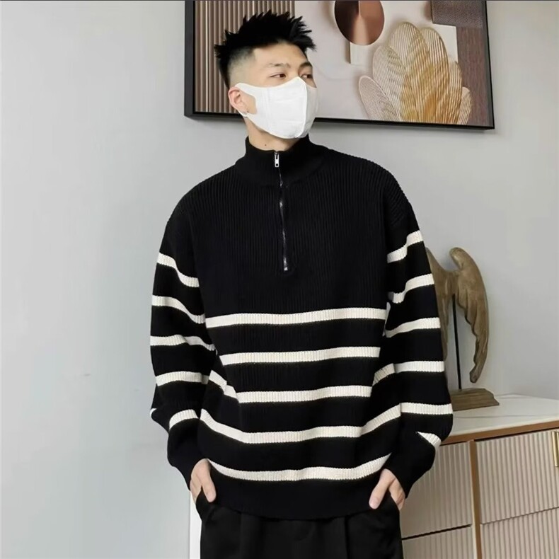 半拉链条纹毛衣男立领秋冬针织衫MYM89图片