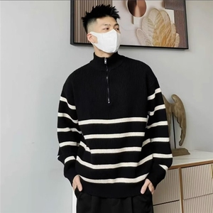 半拉链条纹毛衣男立领秋冬针织衫MYM89图片