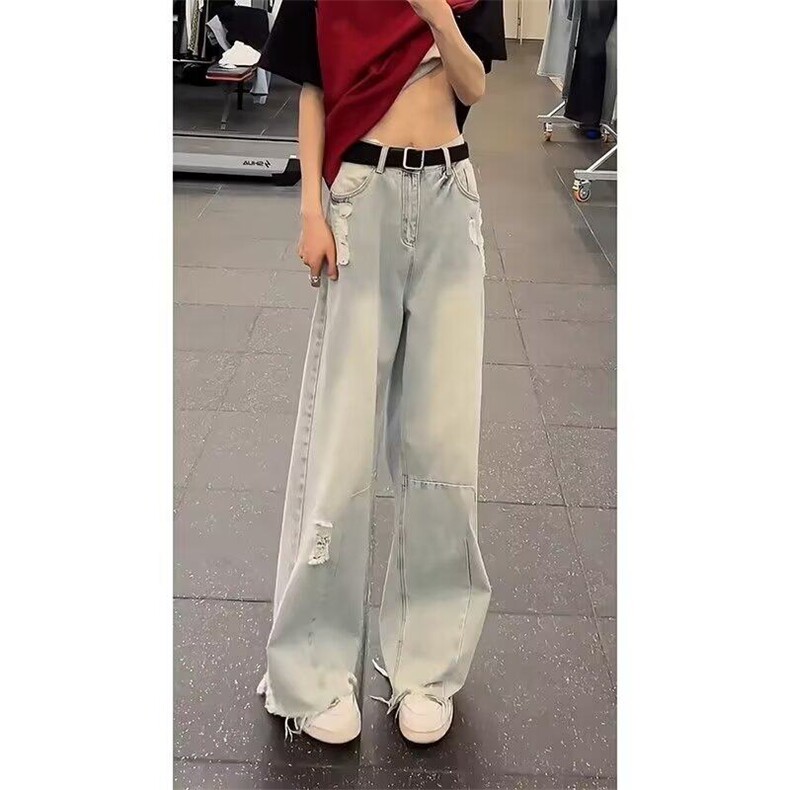 网络图破洞微喇牛仔裤男夏季美式痞帅高级感裤子直筒弯刀阔腿裤,男装牛仔裤,星座410-7