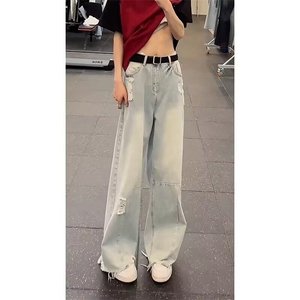 网络图 破洞微喇牛仔裤男夏季美式痞帅高级感裤子直筒弯刀阔腿裤图片