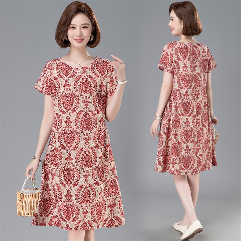 碎花民族风棉绸连衣裙女夏时尚外穿中长款到膝宽松显瘦短袖人造棉，女装连衣裙，阿丹