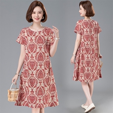 碎花民族风棉绸连衣裙女夏时尚外穿中长款到膝宽松显瘦短袖人造棉，女装连衣裙，阿丹