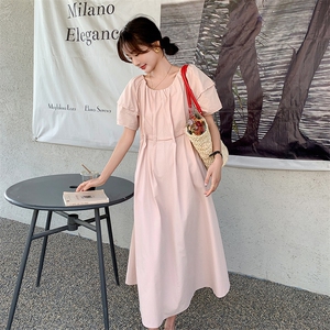 韩系甜美少女感粉色连衣裙女2024夏季新款高腰遮肚淑女泡泡袖裙子图片