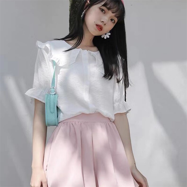 法式娃娃领短袖衬衫女2021夏季新款甜美设计感小众超仙小清新上衣图片