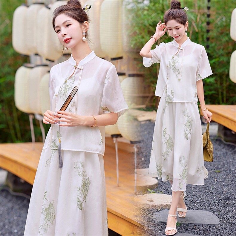 芷墨夏季新款复古新中式禅意连衣裙套装通勤百搭超透气改良汉服女，女装套装/套裙，芷墨服饰