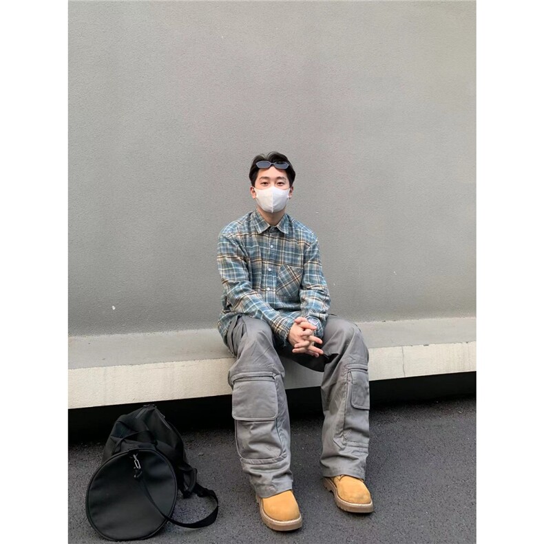 C05-P31美式Cleanfit高街定制破坏边伐木水洗格子长袖衬衫,男装衬衫,电商B323A