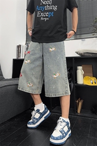 B221 美式ins高街宽松小狗刺绣七分牛仔裤短裤 LK25534-特P45控78图片