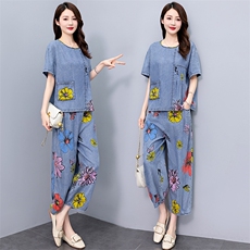 现货！天丝牛仔拼接套装女2024夏季新款洋气优雅气质两件套，女装套装/套裙，魅影