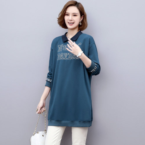 2021春季新款简约时尚休闲宽松POLO领中长款卫衣,女装T恤,丽影随形