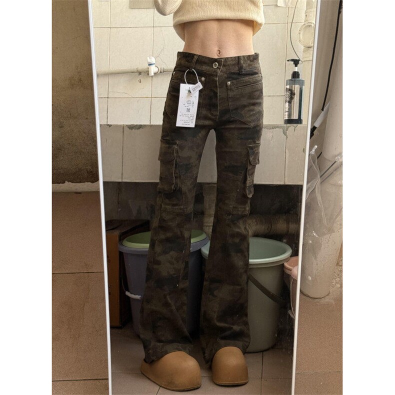 美式迷彩工装裤男女潮牌炸街多口袋痞帅修身显瘦微喇弯刀牛仔裤潮,男装休闲裤,星座1007（原301D）