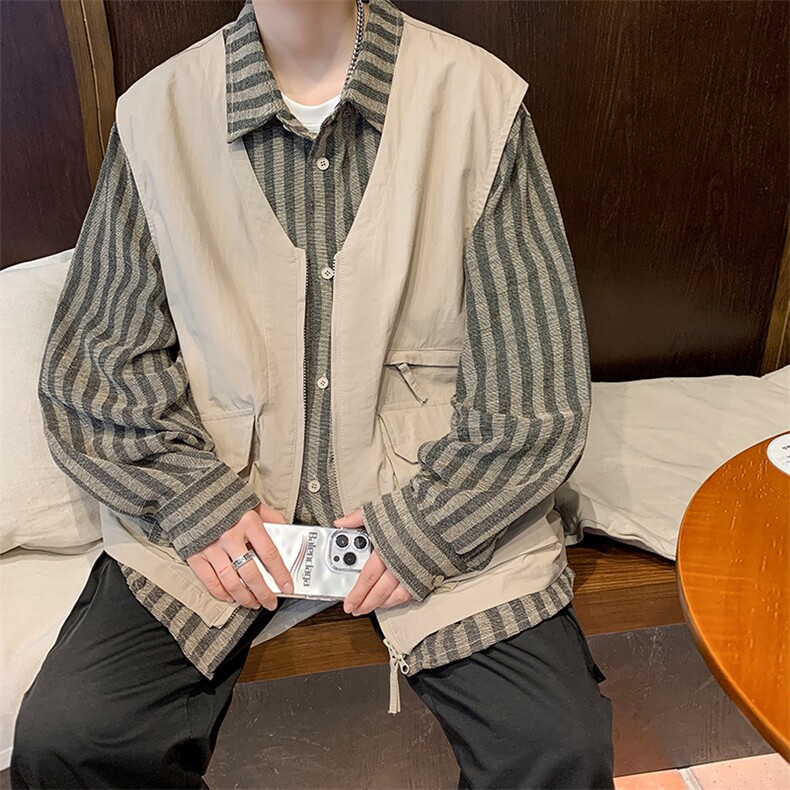 8XL-M特大码衬衫男假两件拼接衬衫新中式坎肩马甲外穿CS508TP68，男装衬衫，电商D206-1