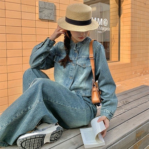 美式复古风穿搭牛仔套装女春夏秋超火好看高级感外套阔腿裤两件套图片