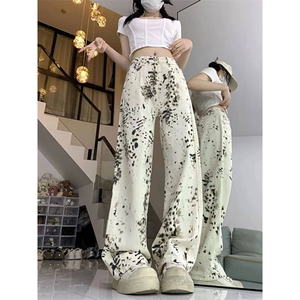 AK2470-P50 美式新款复古阔腿拖地辣妹高街男女宽松豹纹牛仔裤图片