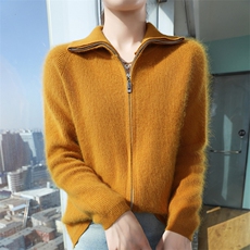 2025秋冬百搭时尚简约翻领拉链开衫针织衫，女装针织衫/毛衣，冬贝尔貂绒