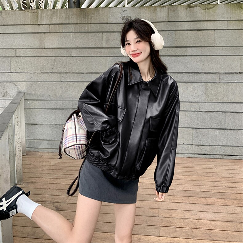 《48H发》翻领美拉德机车宽松皮衣短外套,女装皮衣,辰辰家