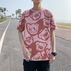 港风小熊印花半袖男夏季ins潮流圆领短袖T恤潮流T129P35控49，男装T恤，电商A089-1