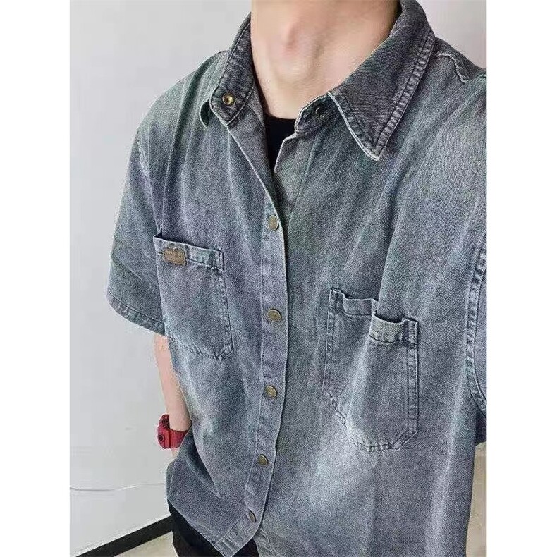美式复古水洗牛仔短袖衬衫夏季潮牌宽松百搭半截袖上衣MJK17,男装T恤,星座208-5