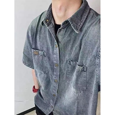 美式复古水洗牛仔短袖衬衫夏季潮牌宽松百搭半截袖上衣MJK17，男装T恤，星座208-5