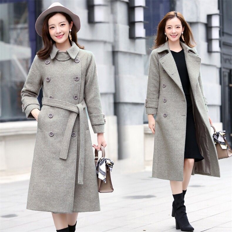 双排扣纯色中长款2020年冬季时尚潮流翻领长袖毛呢外套修身舒适，女装毛呢外套，婵米儿