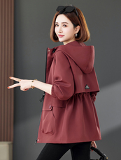 2025春季新款时尚休闲修身百搭抽绳收腰拉链口袋贴标连帽短外套，女装短外套，靓衣阁