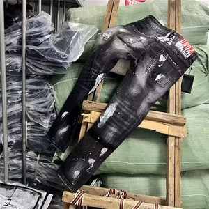 美式高街假破洞修身男女轻奢穿搭泼墨牛仔裤NH131 P51图片