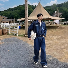 送腰带水洗牛仔连体衣套装班服团服集体服牛仔连体裤，男装休闲套装，星座112A