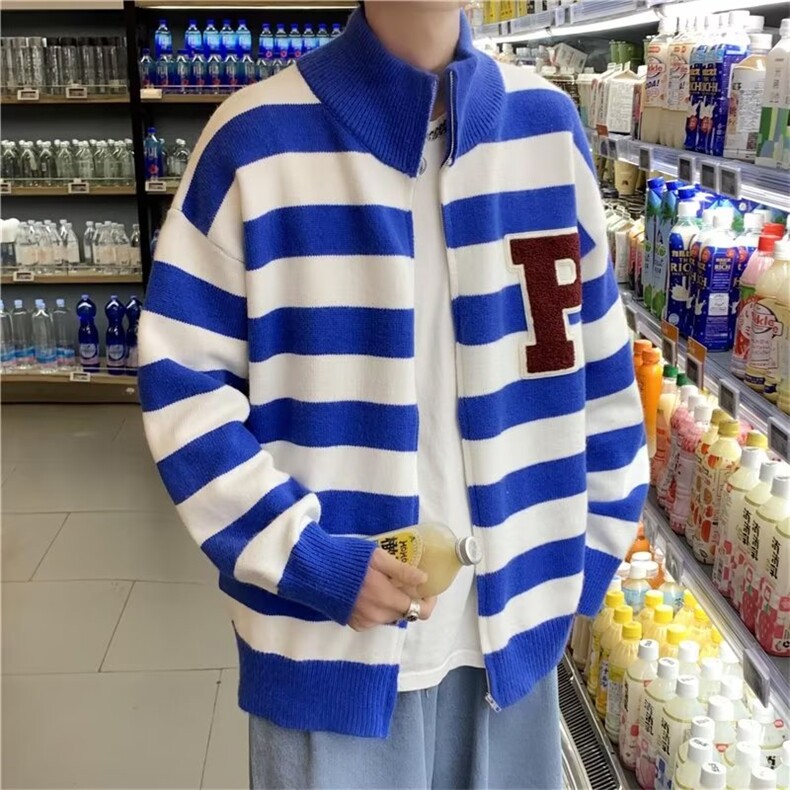 青少年潮美式复古条纹开衫拉链毛衣男女款秋冬宽松针织衫上衣,男装针织衫/毛衣,星座1210-1